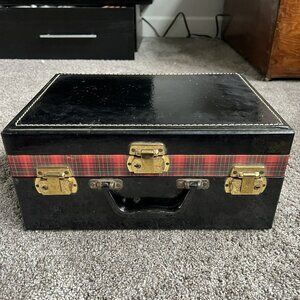 VTG Retro Sewing Box Caddy Black Red Plaid Vinyl 1970s Multi Section w/ Keys